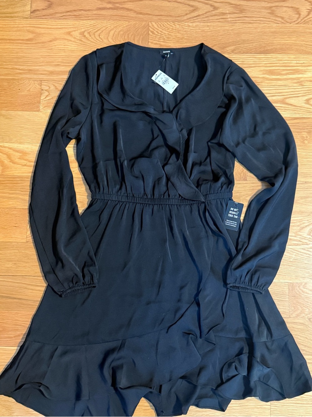 Express Black Long-Sleeve Ruffle Wrap Dress